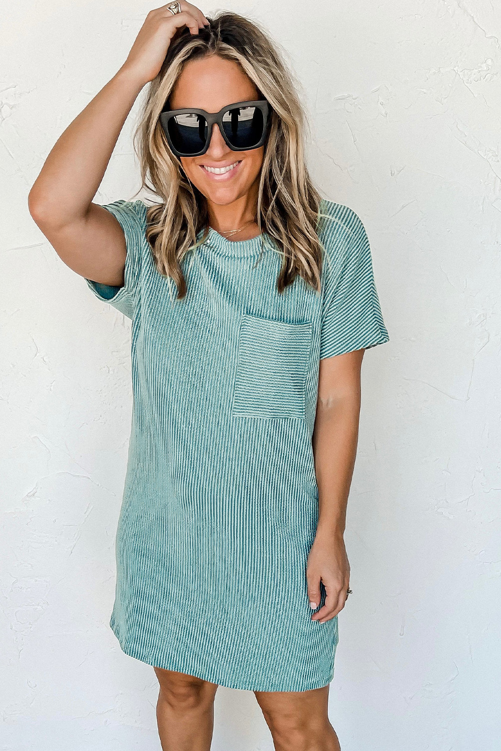 Blue Striped Ribbed Knit T-shirt Shift Dress - Image 7