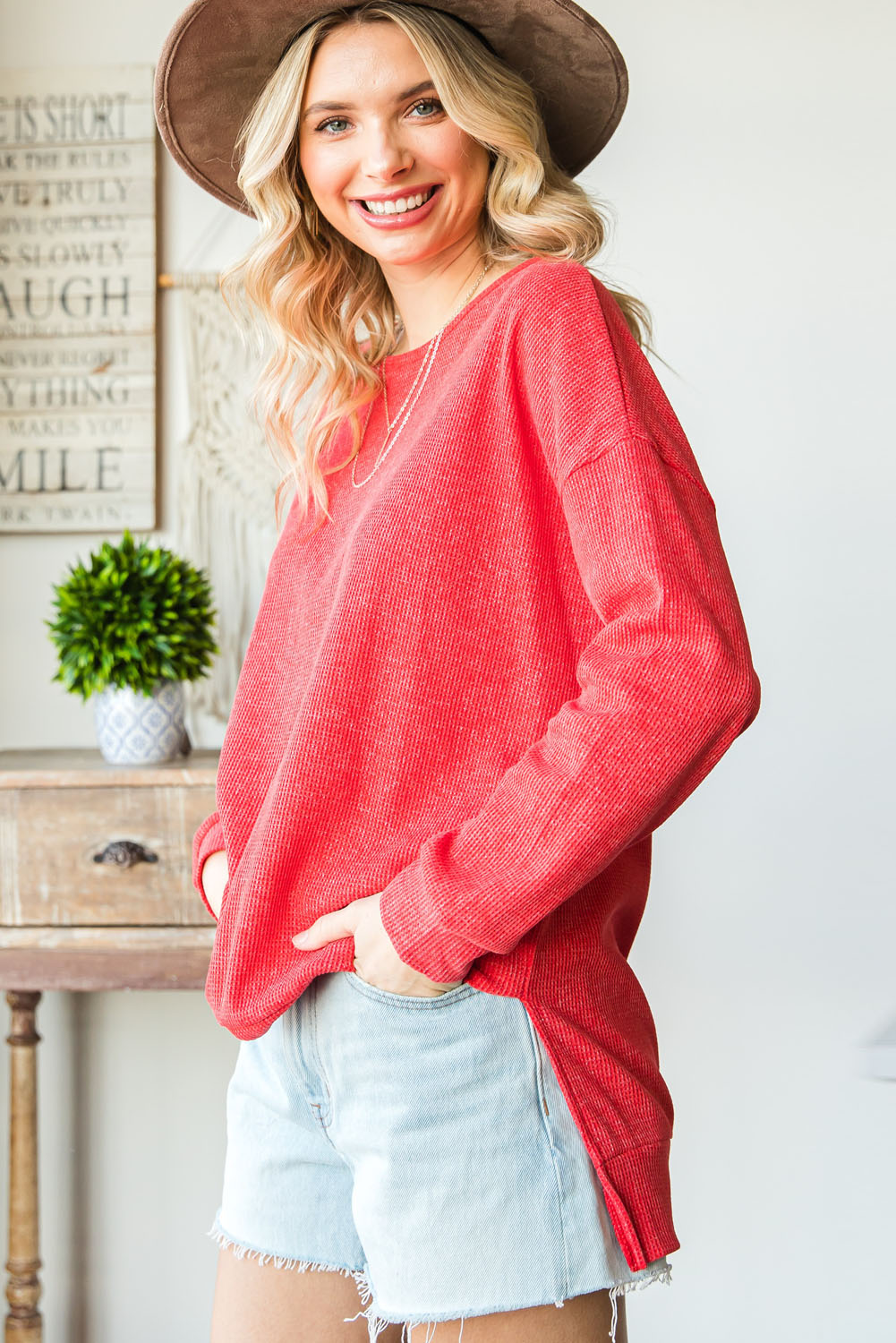 Waffle Knit Side Slit Pullover Top - Image 6