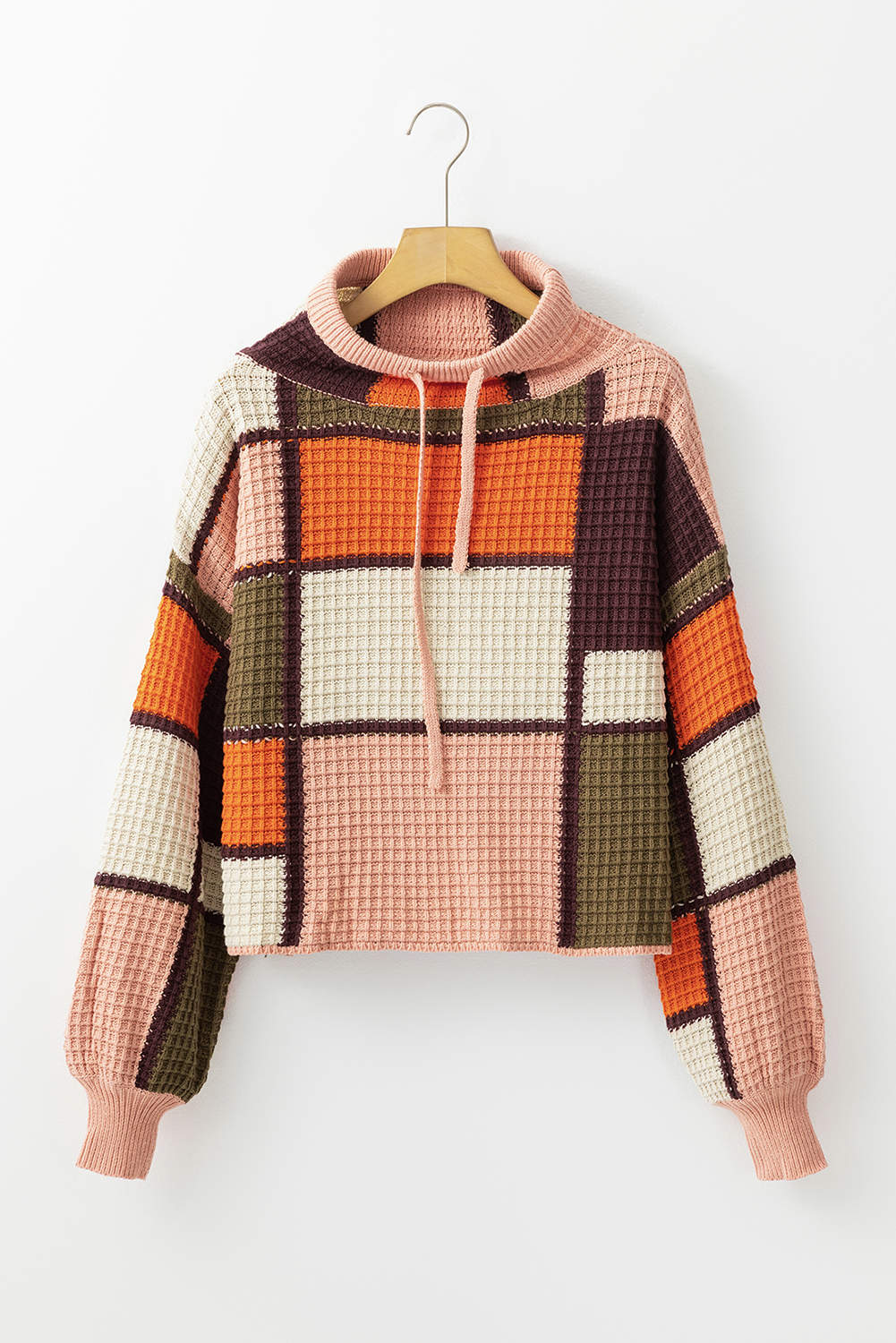 Orange Color Block Waffle Knit Drawstring Mock Neck Sweater - Image 7