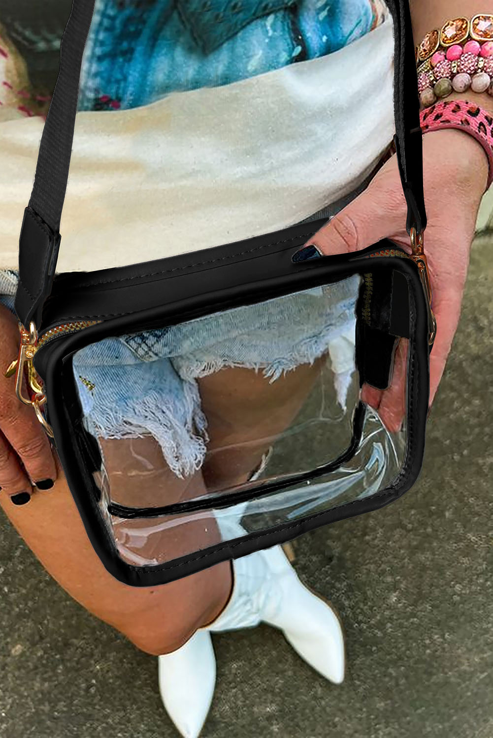 Black Clear PVC Leather Strap Crossbody Bag - Image 7