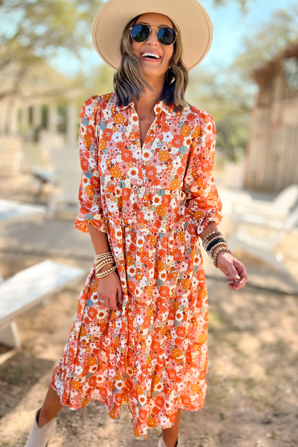 Multicolor Boho Floral Collared Long Sleeve Ruffled Dress - Image 7