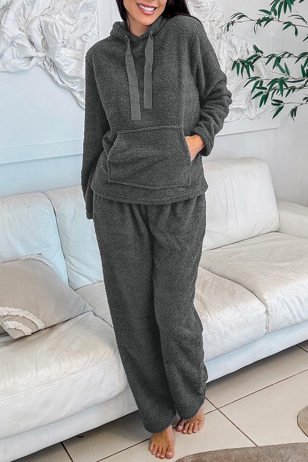 Medium Grey Fuzzy Drawstring Hoodie Lounge Pants 2pcs Set - Image 6