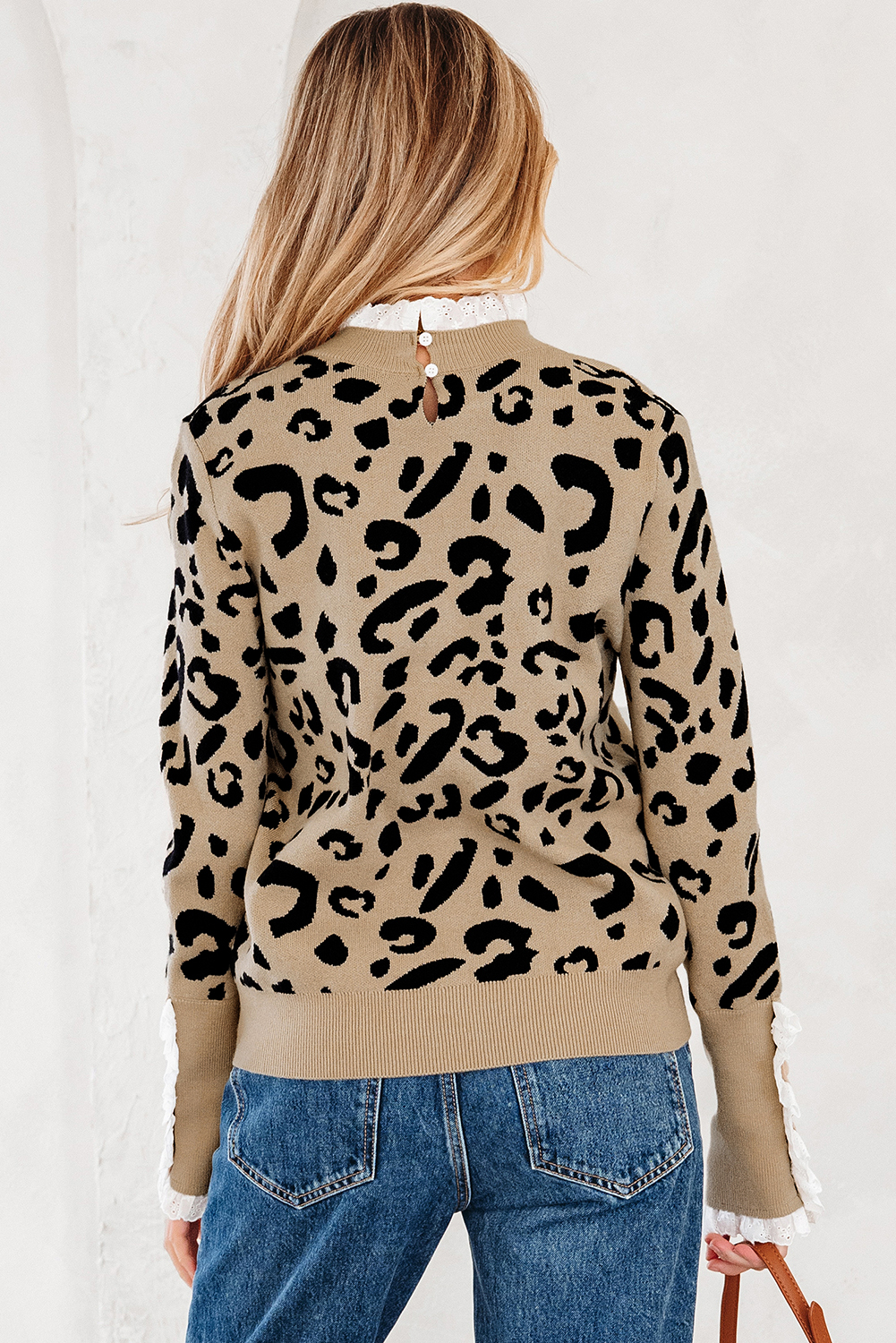 Dearlovers Brown Leopard Pattern Lace Ribbed Detail Button Cuffed Sweater - Image 2