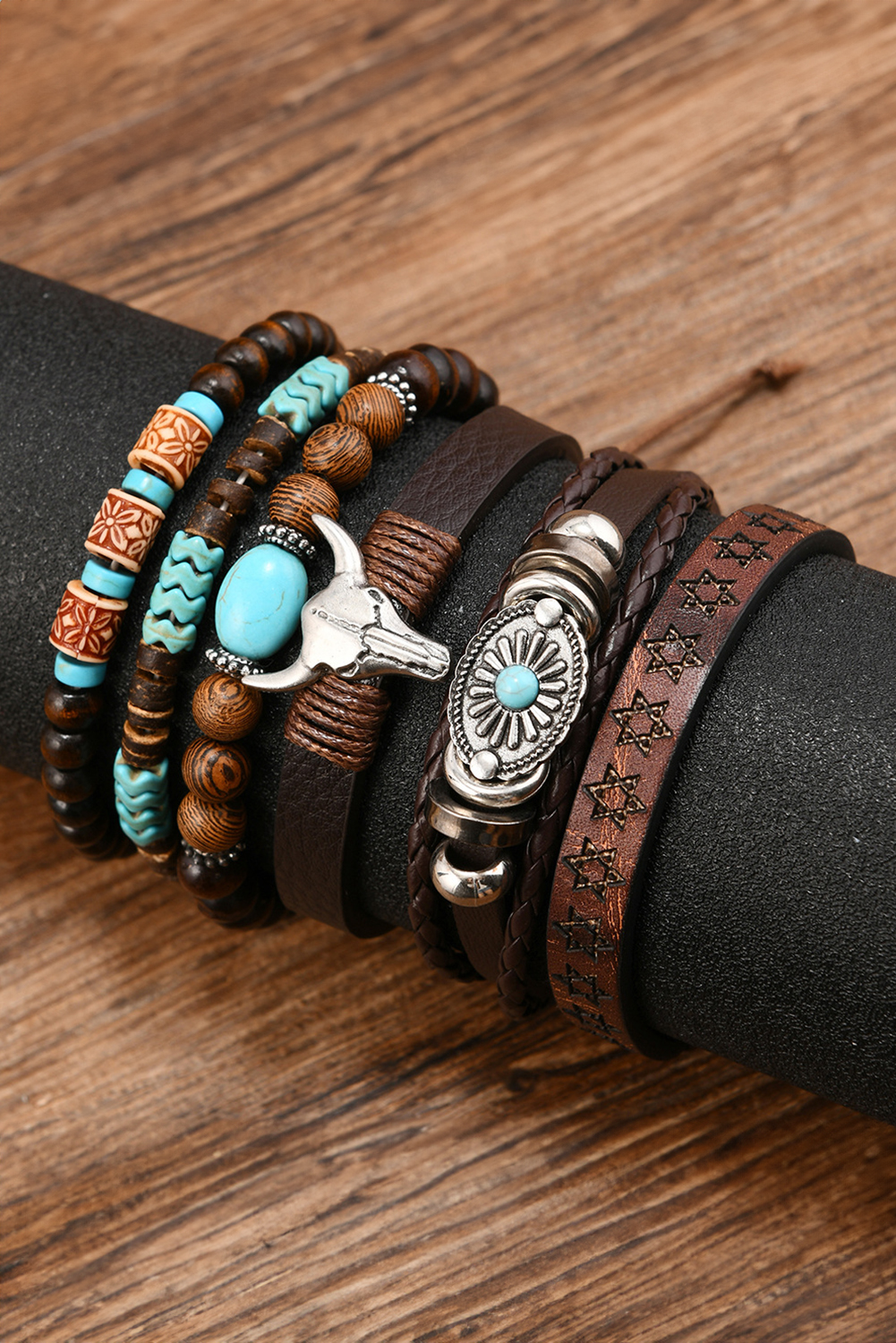 Chestnut 6 Piece Western Bull Skull Turquoise Beading Bracelet - Image 3