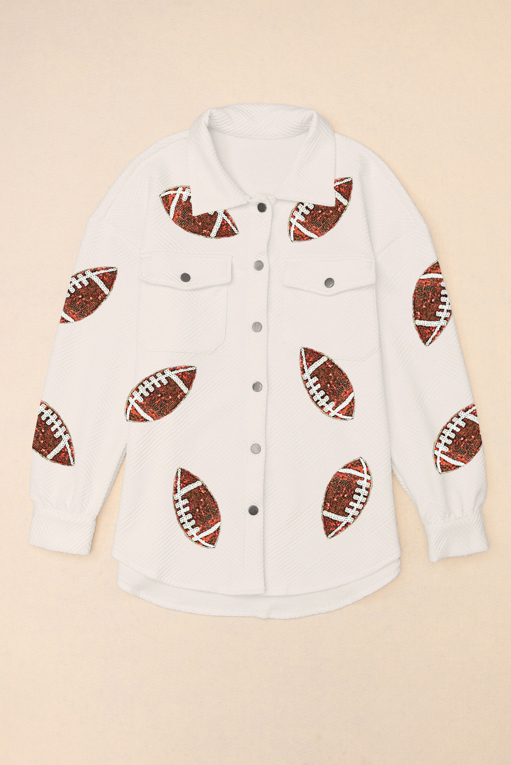 Beige Bubble Gum Texture Sequined Rugby Football Shacket - Image 4