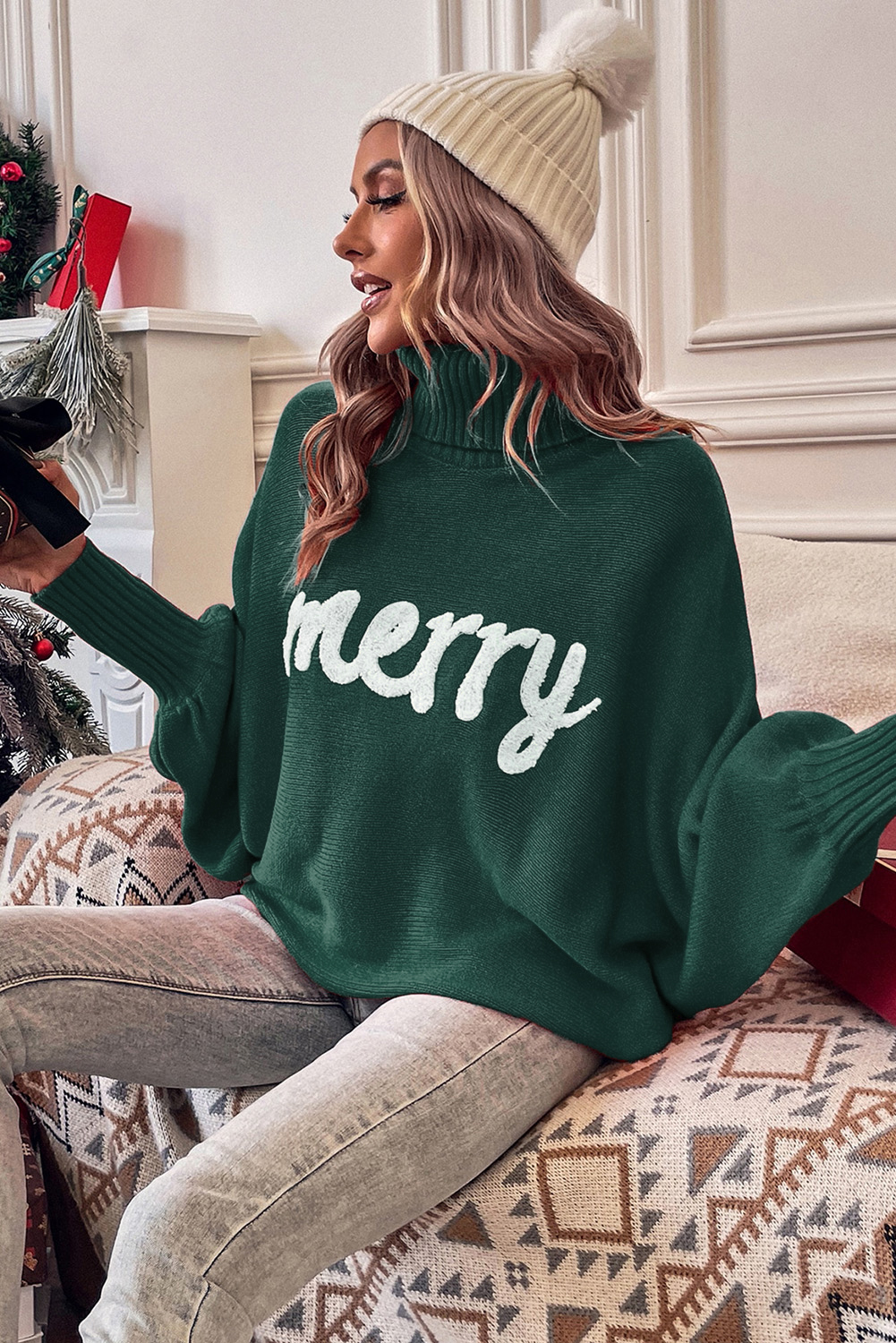 Blackish Green Merry Letter Embroidered High Neck Sweater - Image 3