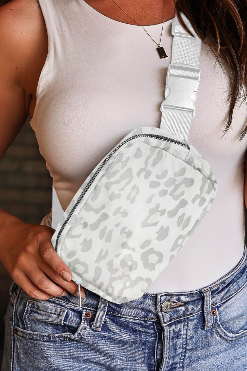 White Leopard Print Buckle Canvas Chest Bag 20*5*14cm - Image 3