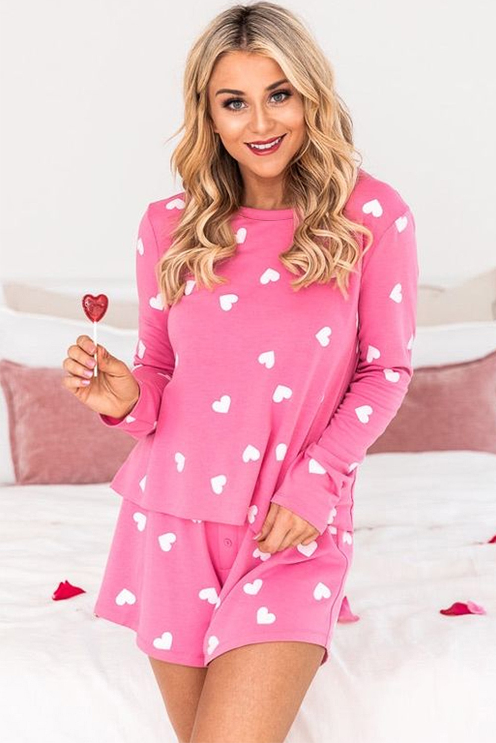 Pink Valentine Heart Print Long Sleeve Tee and Shorts Lounge Set - Image 5