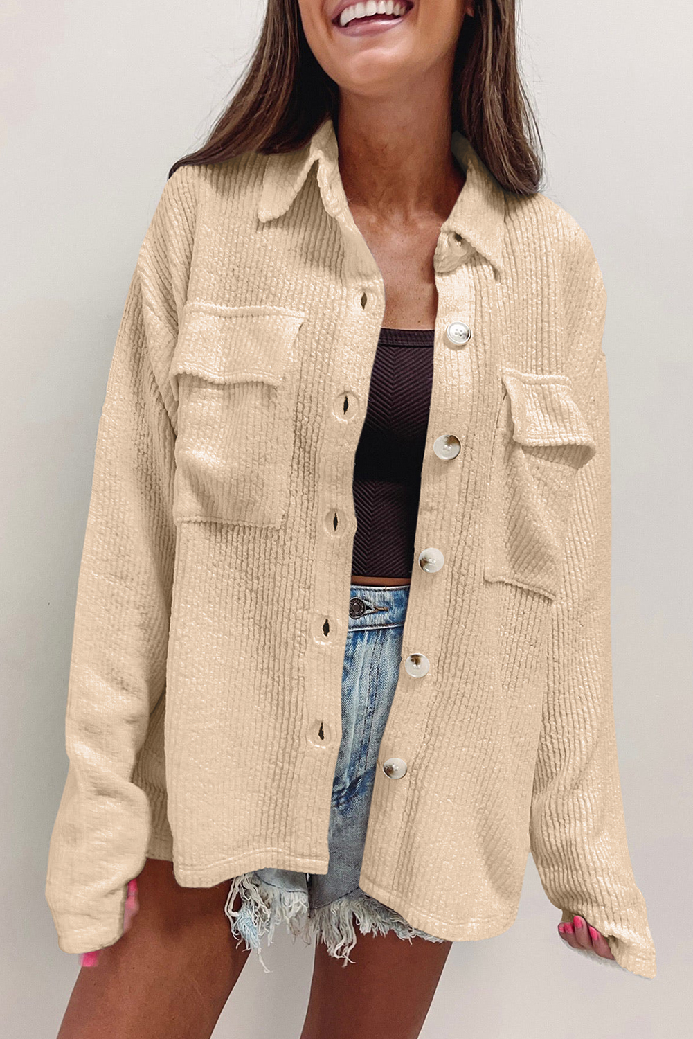 Apricot Solid Color Corduroy Buttoned Long Sleeve Shacket - Image 3