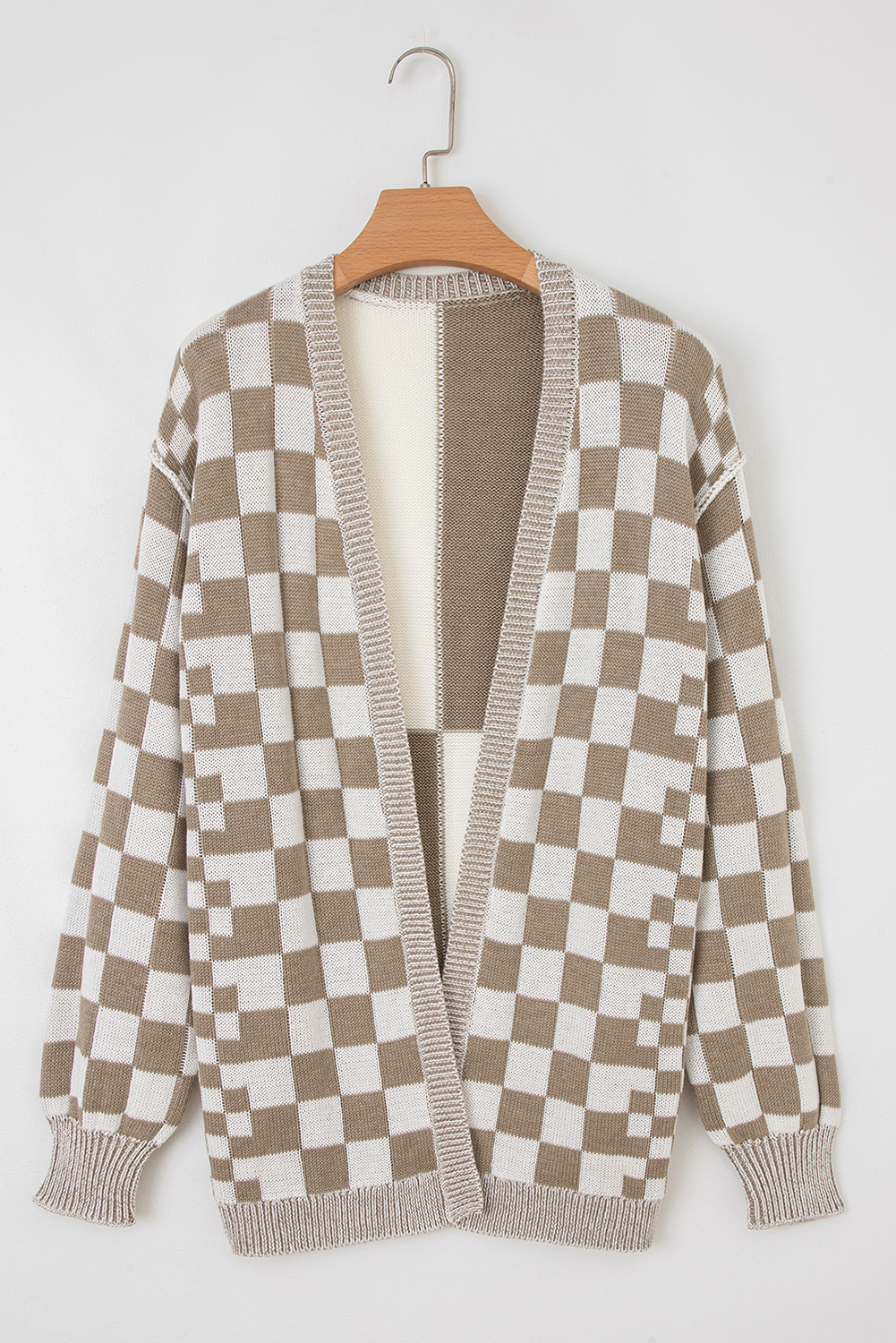 Brown Checkered Open Front Drop Shoulder Cardigan - Image 8