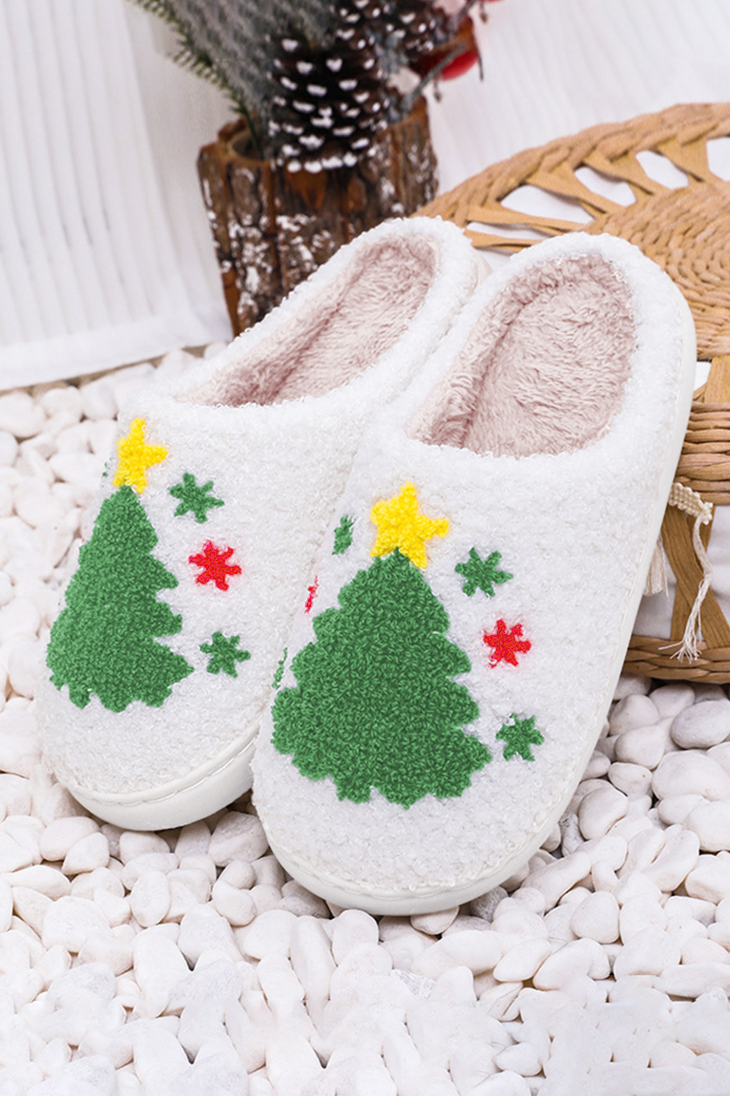 White Fuzzy Christmas Tree Pattern Home Slippers - Image 4