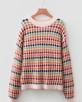 Multicolour Dotty Striped Pattern Knit Drop Shoulder Sweater