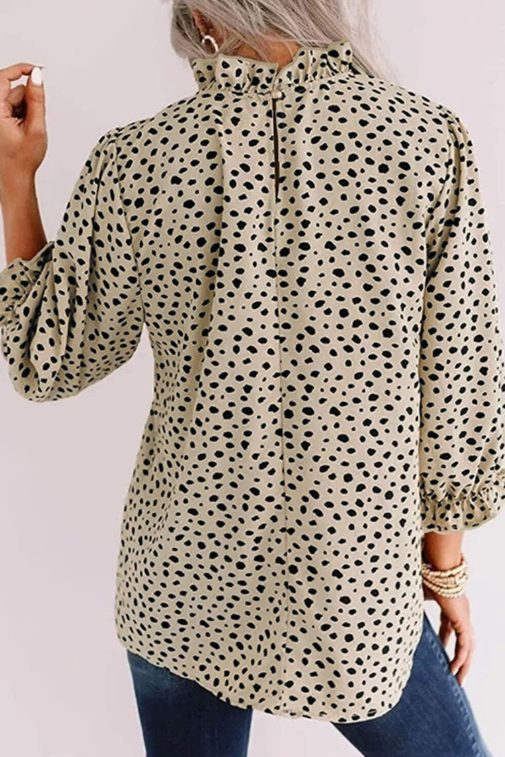 Khaki Frilled Neck 3/4 Sleeves Cheetah Blouse - Image 2