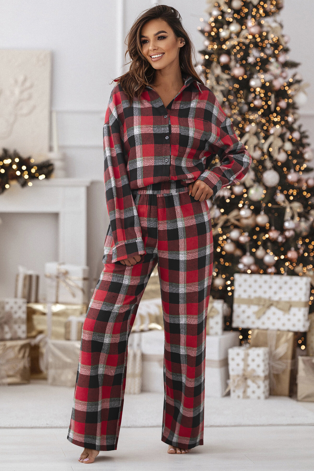 Red Christmas Checkered Pattern Loose Shirt and Pants Lounge Set - Image 3