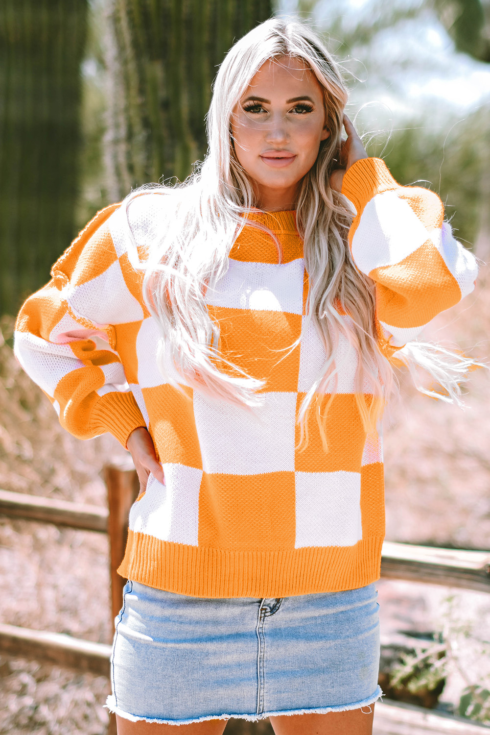 Orange Checkered Bishop Sleeve Sweater - Image 8