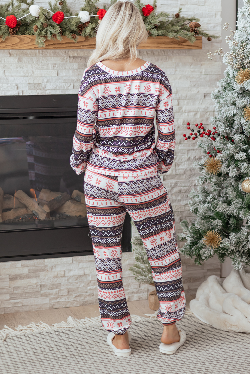 Black Retro Christmas Pattern Loose Pullover 2pcs Lounge Pant Set - Image 3