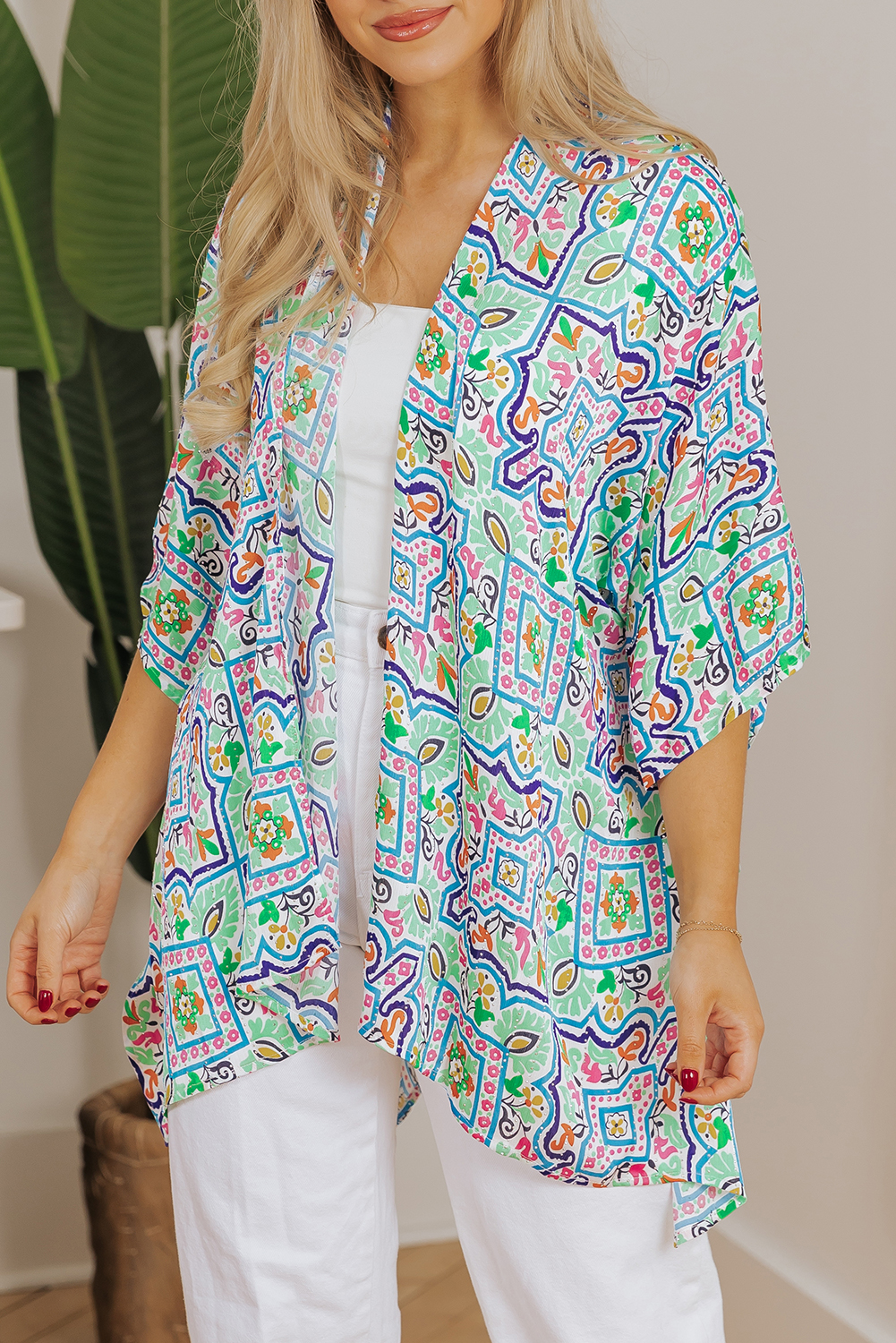 White Boho Floral Printed Rhinestone 3/4 Sleeve Open Front Kimono - Image 5