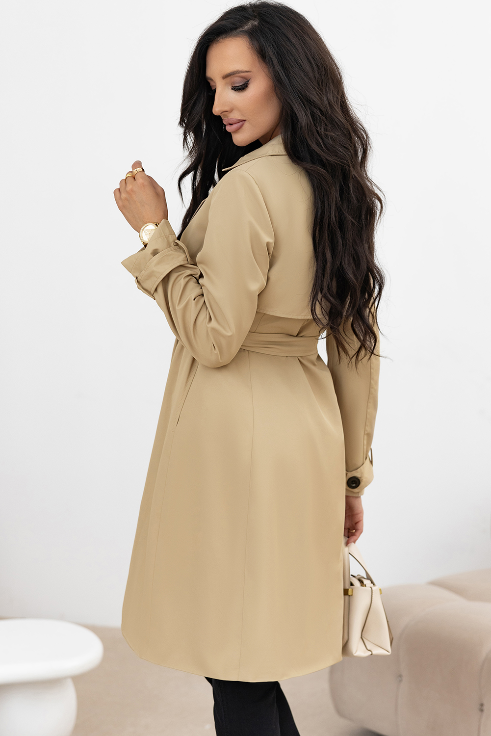 Pale Khaki Solid Color Lapel Collar Waist Tie Wind Coat - Image 2