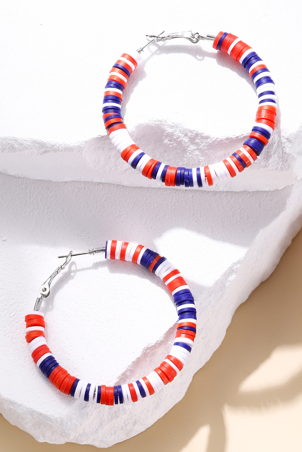 Fiery Red Patriotic Multicolored Bead Hoop Earrings - Image 3