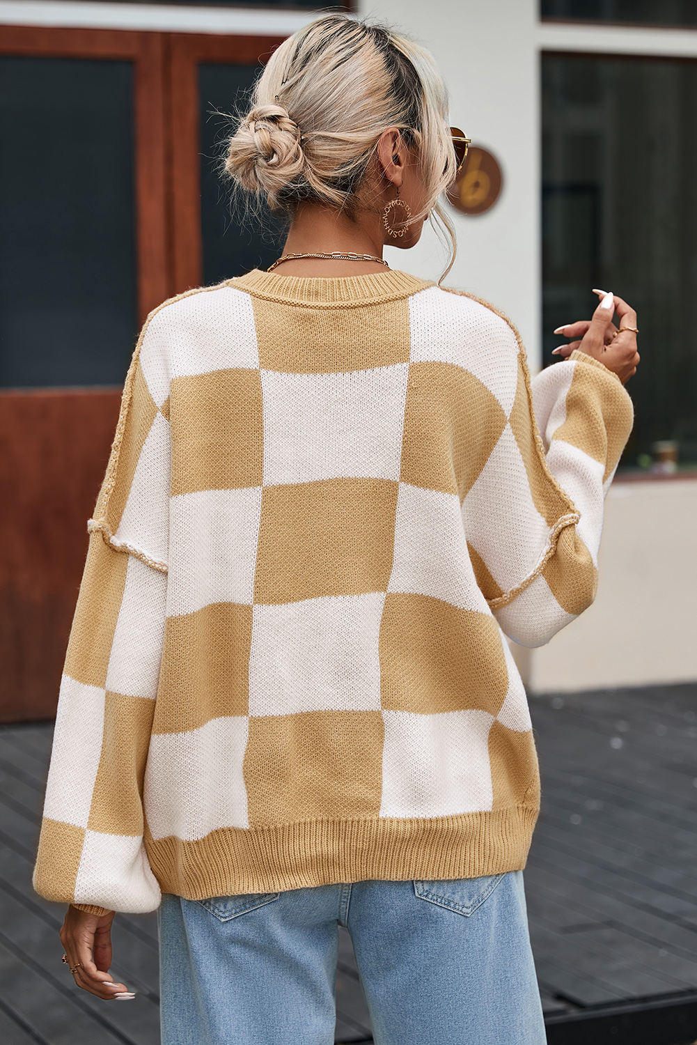 Khaki Checkered Bishop Sleeve Sweater - Image 6