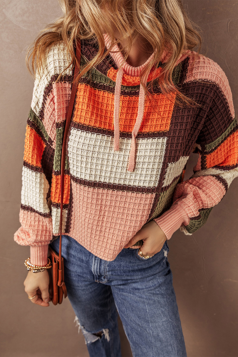 Orange Color Block Waffle Knit Drawstring Mock Neck Sweater - Image 6