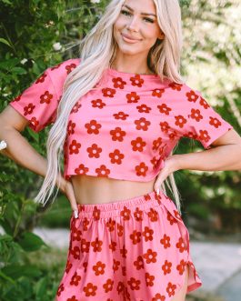 Rose Floral Print Crop Tee and Shorts Lounge Set