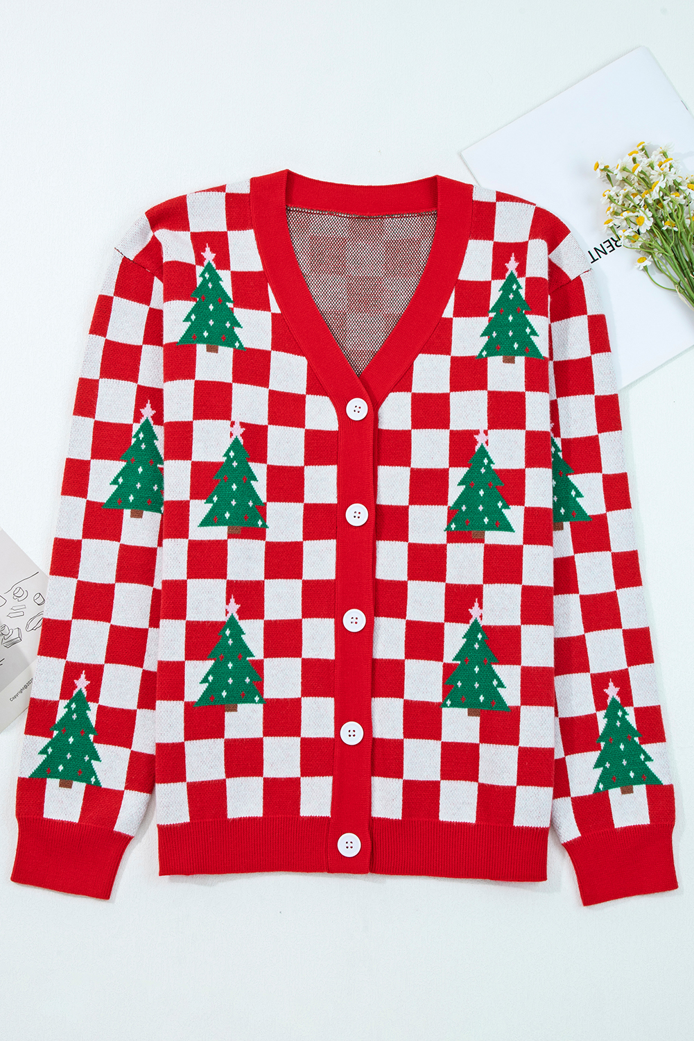 Red Checkered Christmas Tree Pattern Button V Neck Cardigan Sweater - Image 3