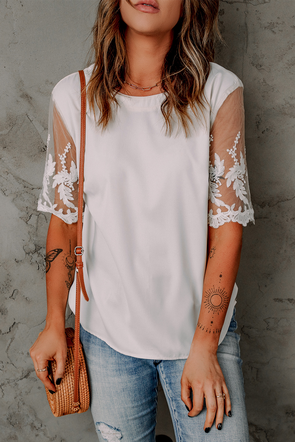 White Floral Lace Sleeve Patchwork Top - Image 3