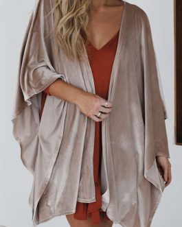 Smoke Gray 3/4 Sleeve Open Front Velvet Kimono