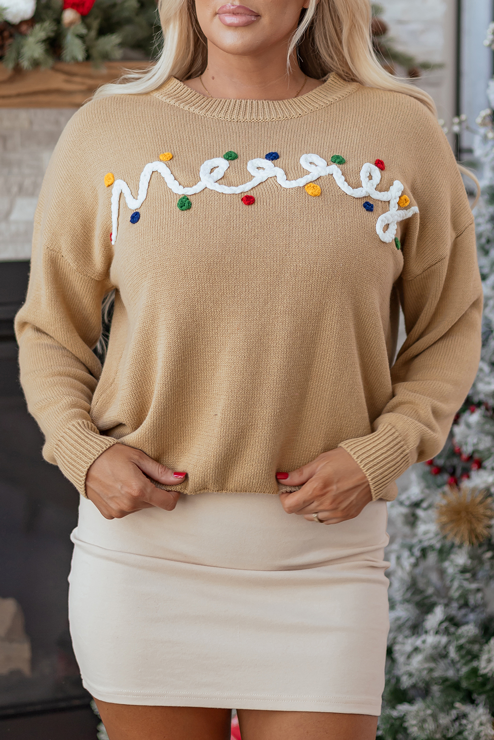 Smoke Gray Merry Colorful Dot Detail Christmas Drop Shoulder Sweater - Image 8