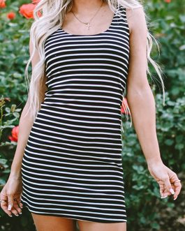 Black Stripe Ribbed Knit Sleeveless Mini Dress