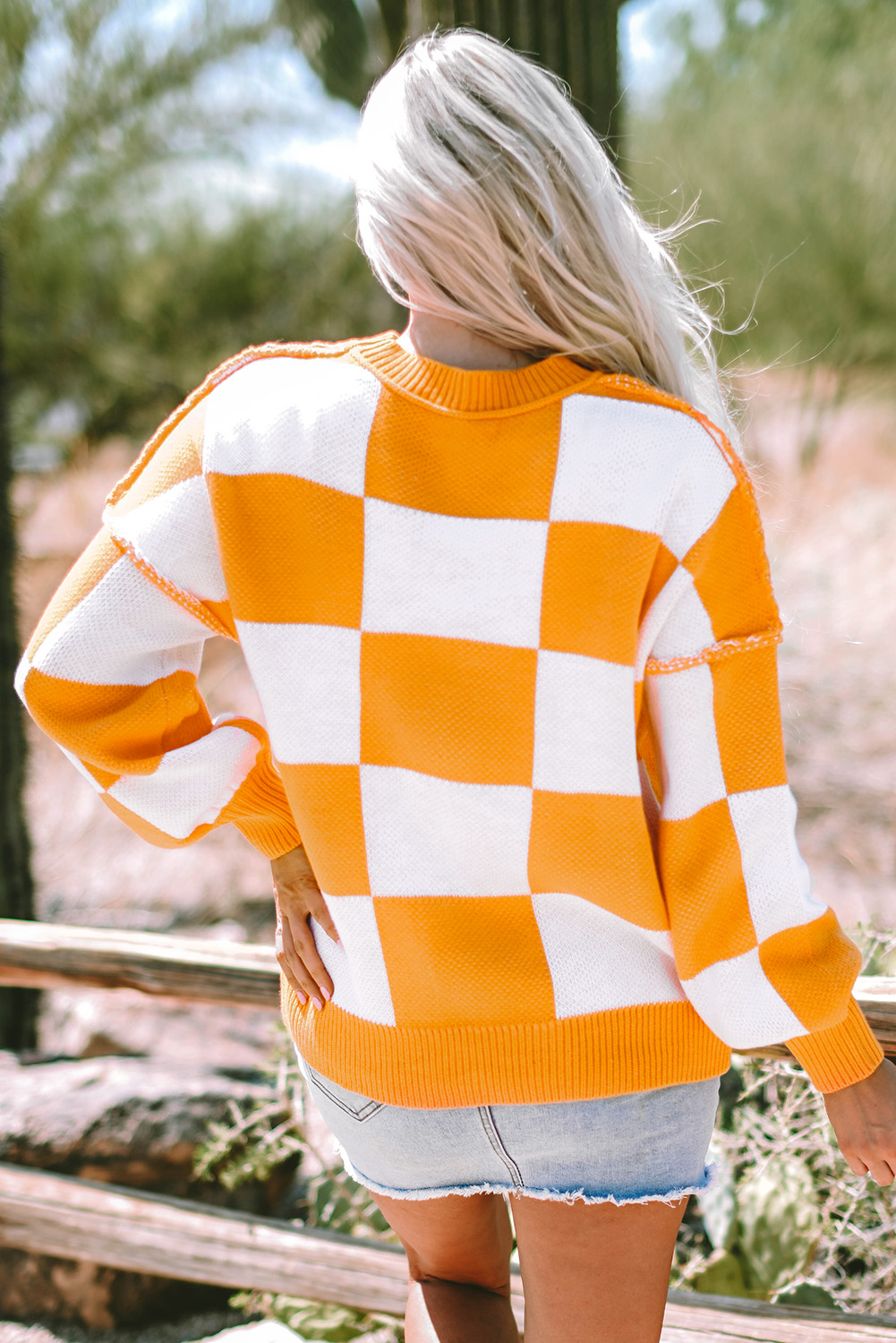 Orange Checkered Bishop Sleeve Sweater - Image 6