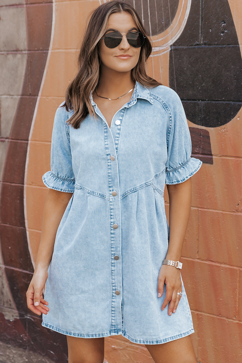 Beau Blue Mineral Wash Ruffled Short Sleeve Buttoned Denim Dress - Image 8