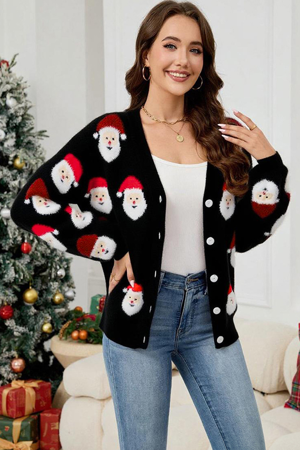 Black Christmas Santa Claus Pattern Button V Neck Sweater Cardigan - Image 3