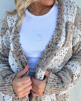 Brown Confetti Dot Checkered Print Open Cardigan with Pockets