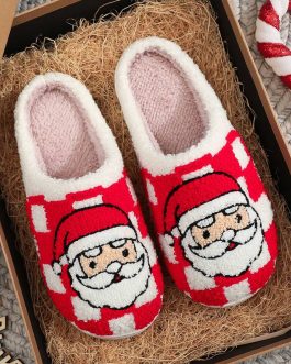 Fiery Red Checkered Santa Claus Graphic Plush Home Slippers