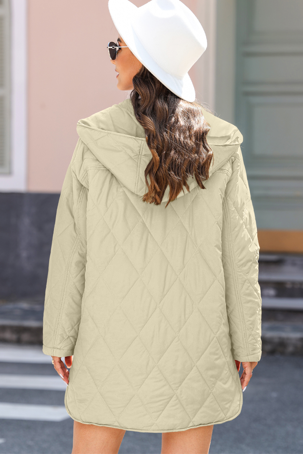 Beige Quilted Snap Button Hooded Coat - Image 2