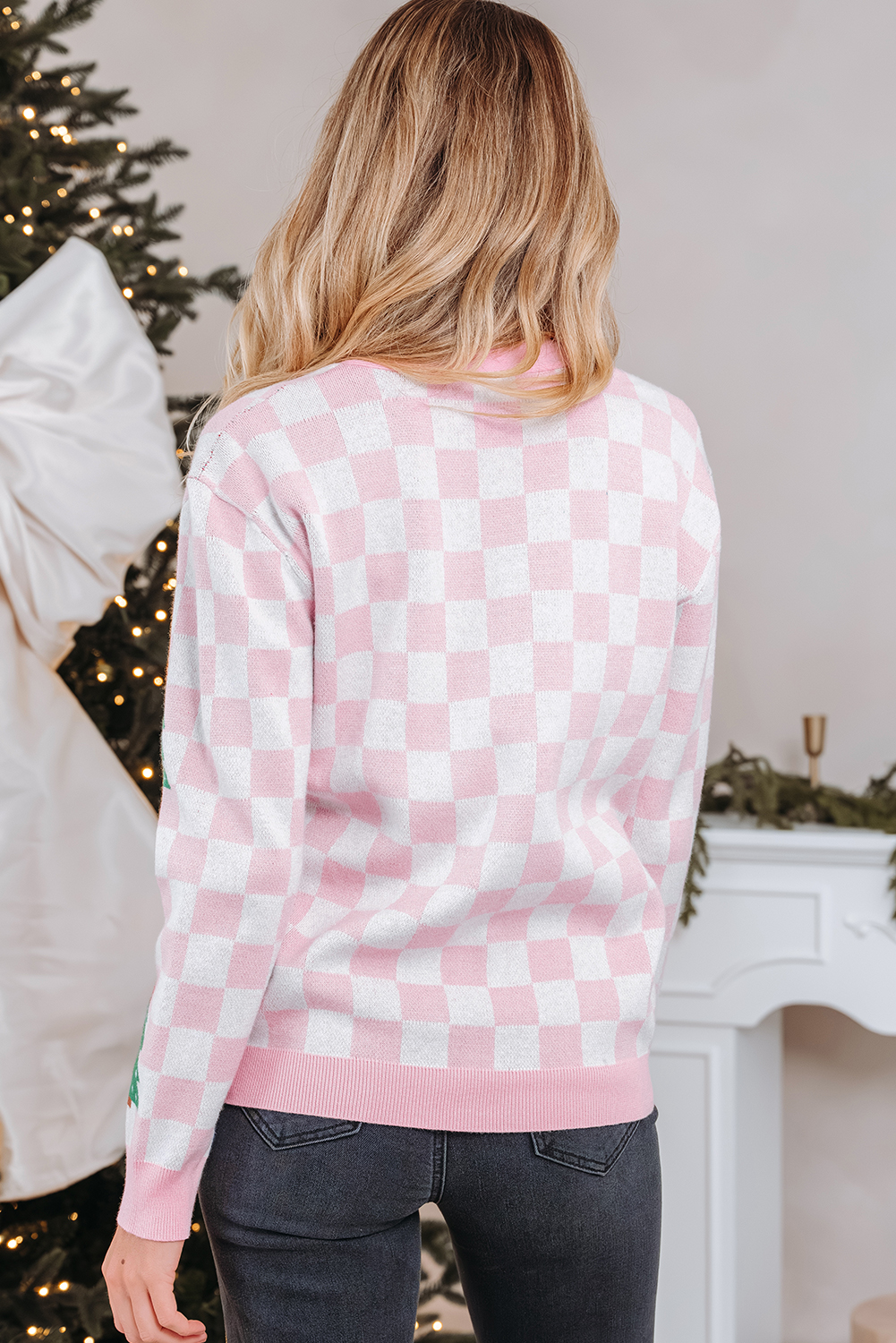 Pink Checkered Christmas Tree Pattern Button V Neck Cardigan Sweater - Image 2