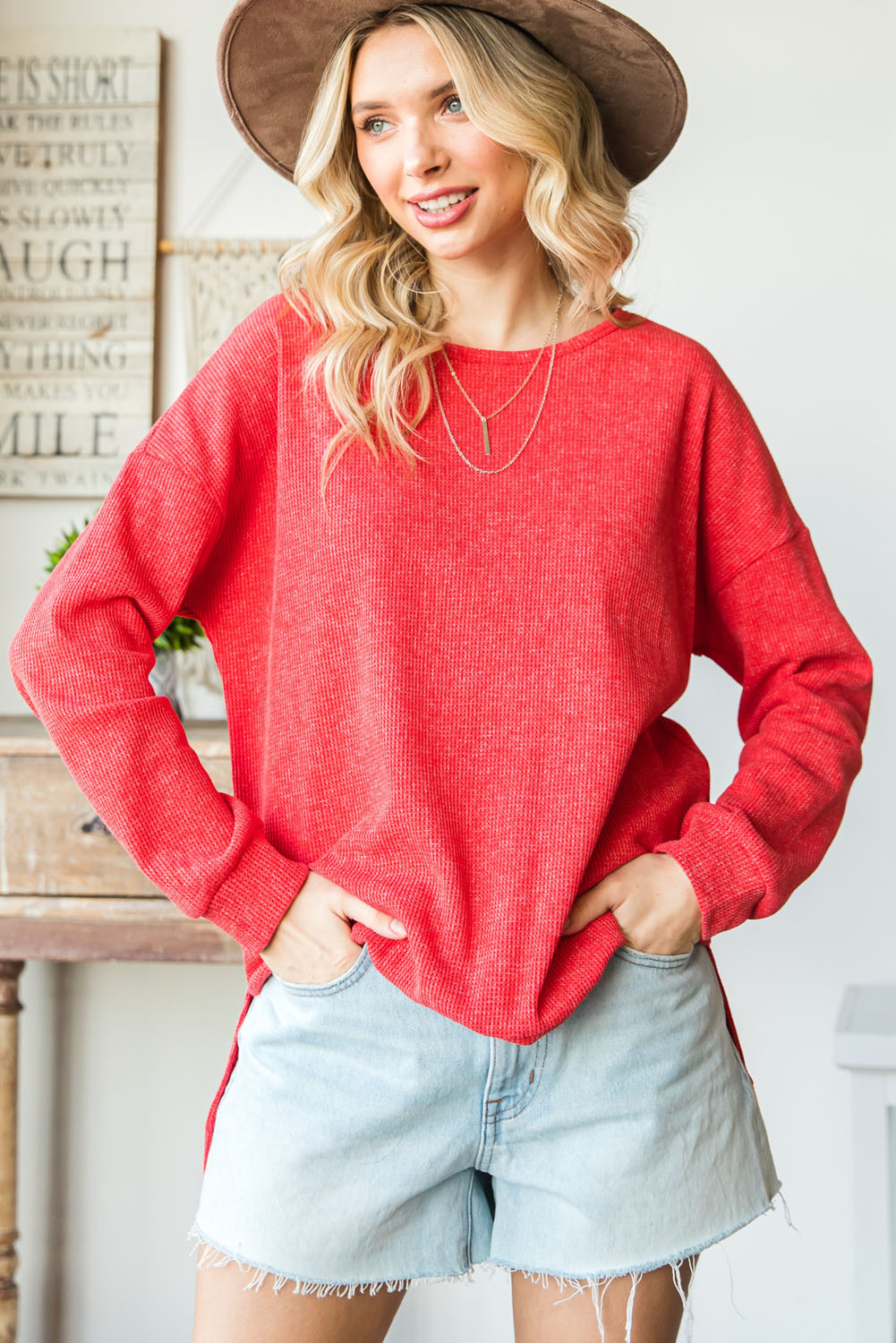 Waffle Knit Side Slit Pullover Top - Image 7
