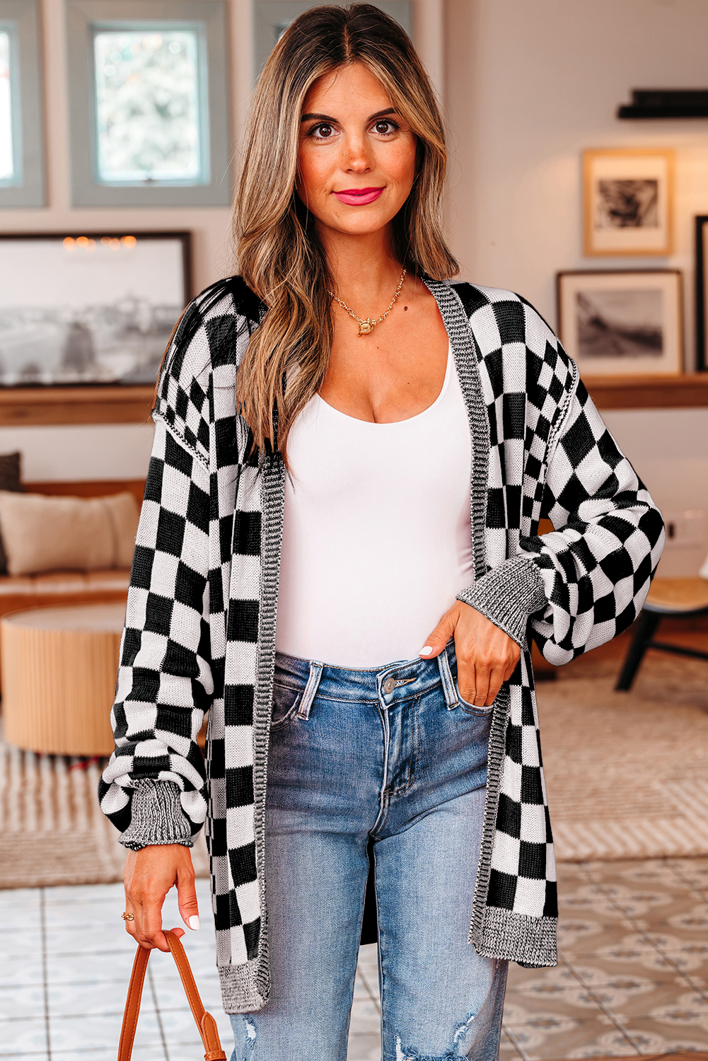 Black Checkered Open Front Drop Shoulder Cardigan - Image 5