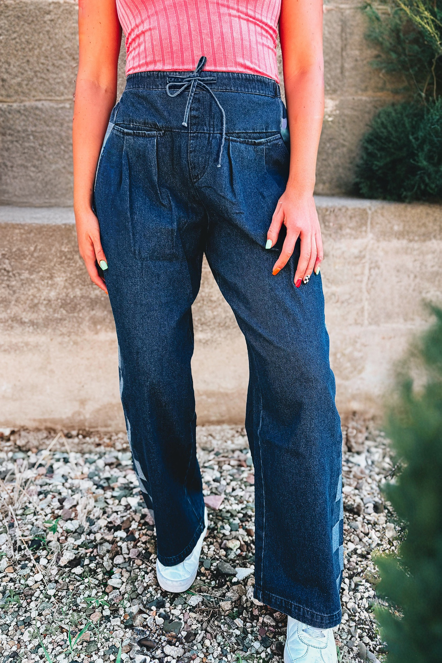 Sail Blue Checkered Side Panel Patchwork Drawstring Loose Denim Pants - Image 3