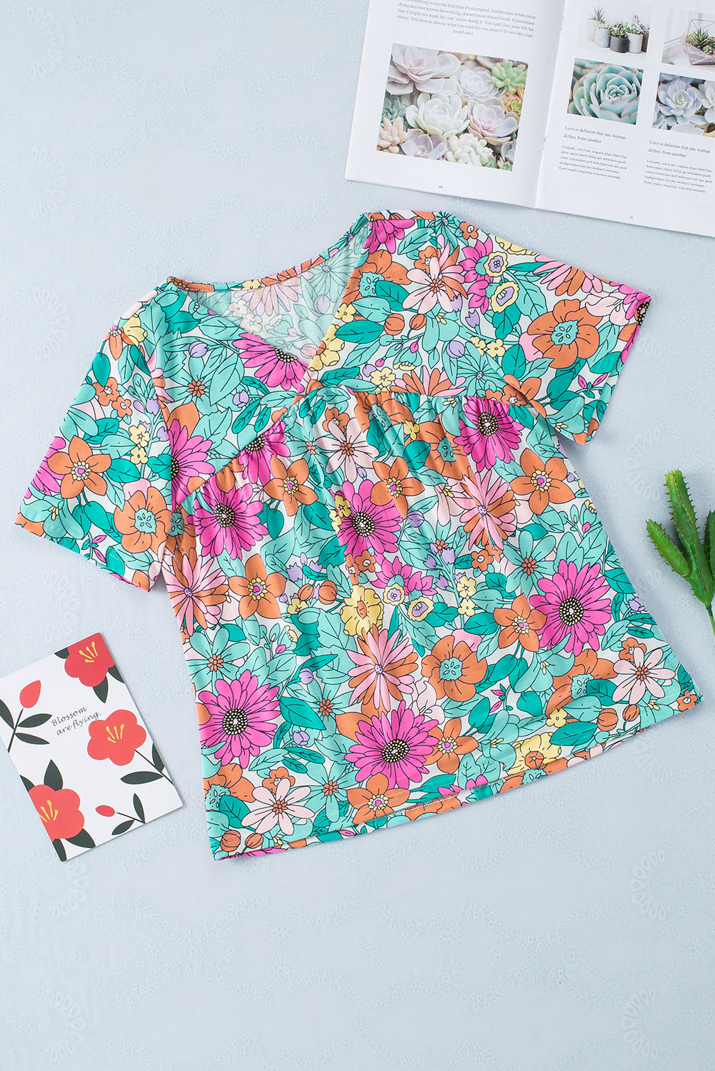 Multicolor Floral Print Short Sleeve Babydoll Blouse - Image 5