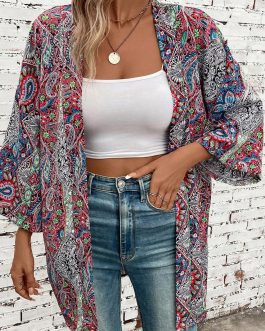 Red Paisley Print Open Front Kimono