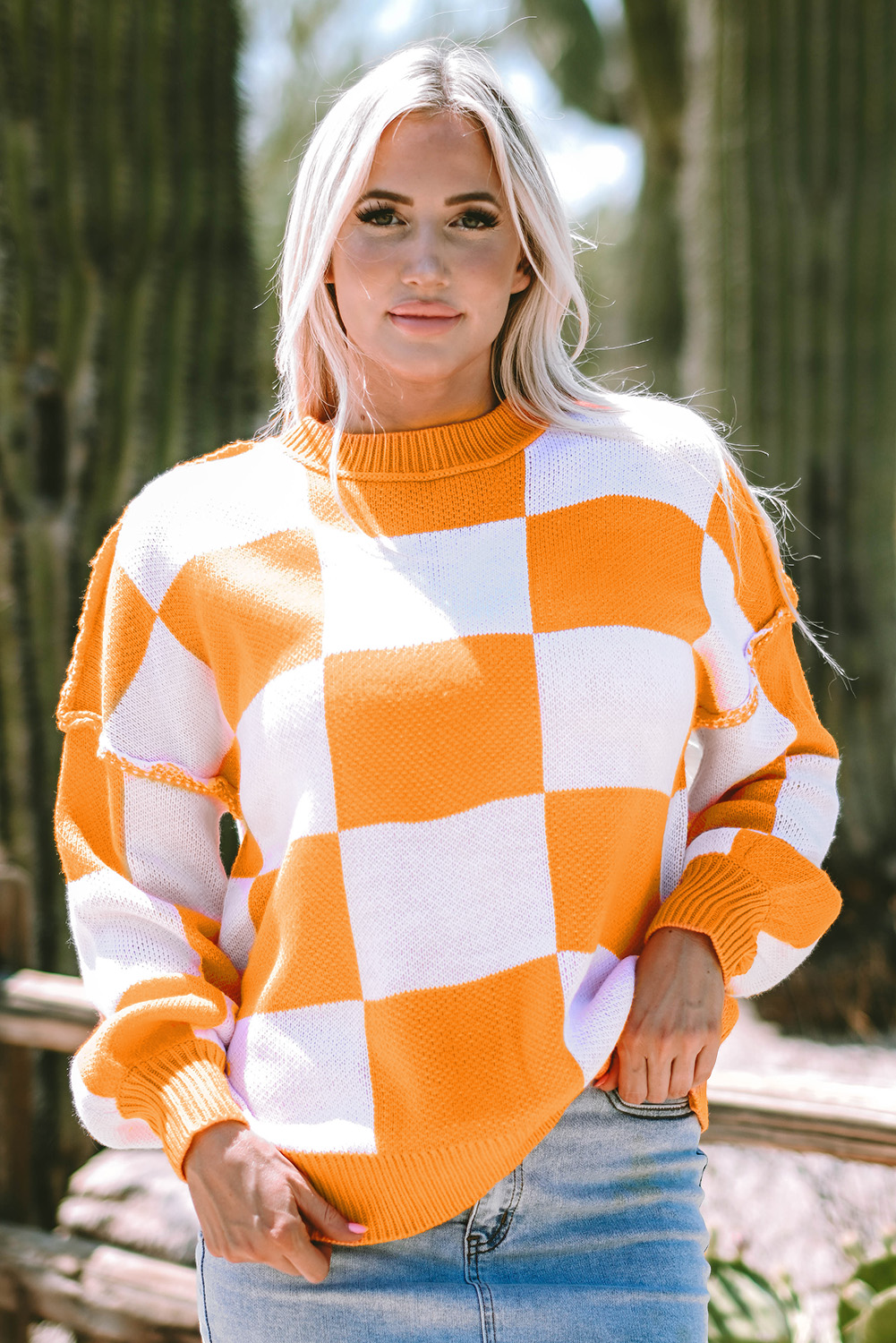 Orange Checkered Bishop Sleeve Sweater - Image 5