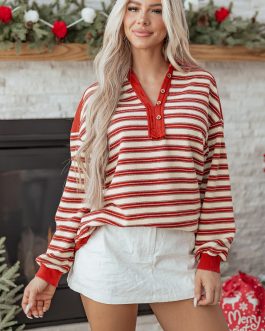 Red Stripe Buttoned V Neck Collared Drop Shoulder Top