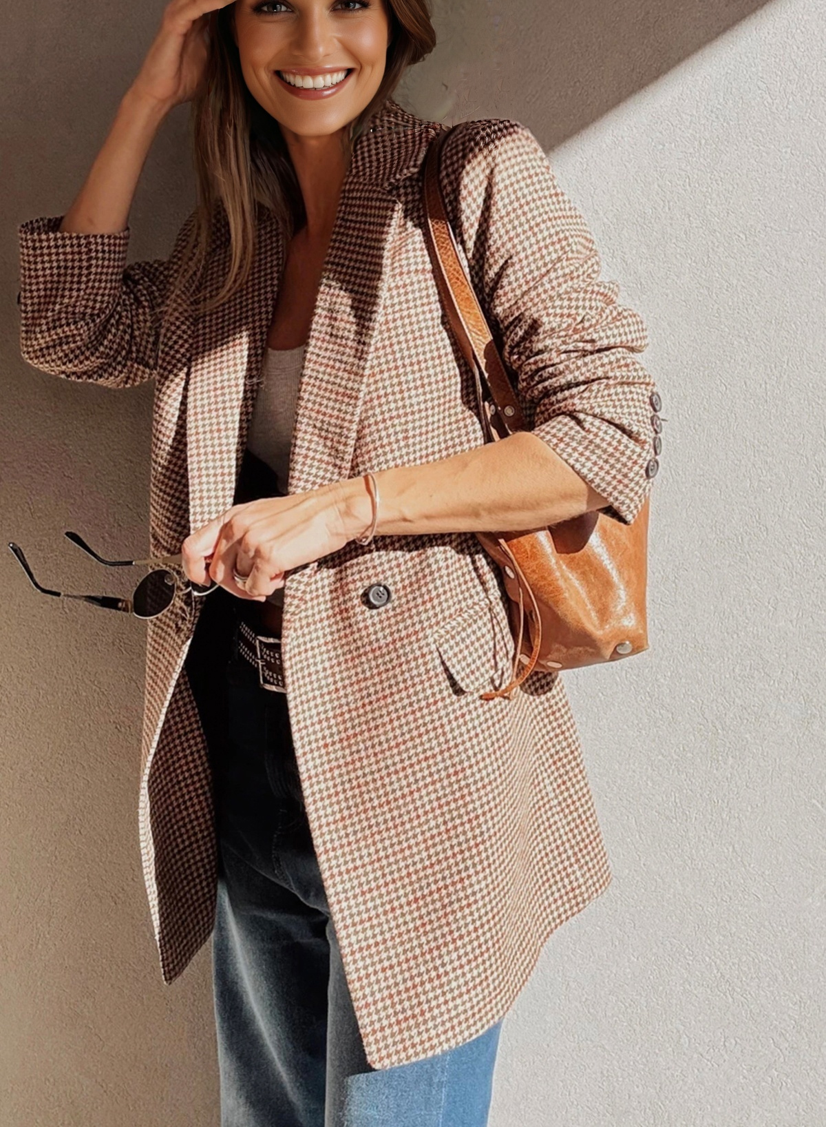 Brown Houndstooth Lapel Collar Blazer - Image 3