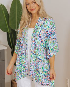 White Boho Floral Printed Rhinestone 3/4 Sleeve Open Front Kimono