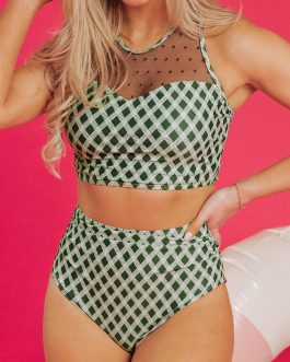 Green Dotted Mesh Plaid Patchwork High Waisted Bikini