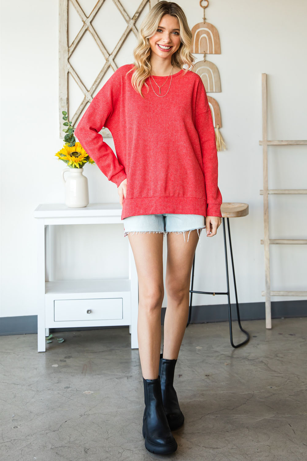 Waffle Knit Side Slit Pullover Top - Image 8