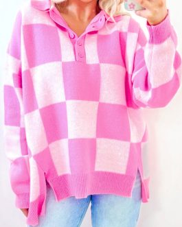 Pink Checkerboard Half Button Collared Drop Shoulder Sweater